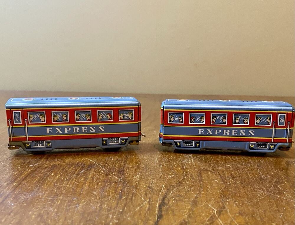 Vintage 2 Metal Tin Toy Train Express Cars Made in Japan